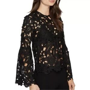 Black Embroidered Women's Lace Top Bell Sleeves Romeo & Juliet Couture - Small